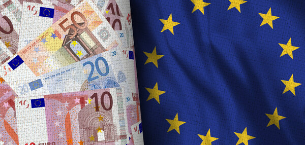 Geldscheine und eine Europaflagge